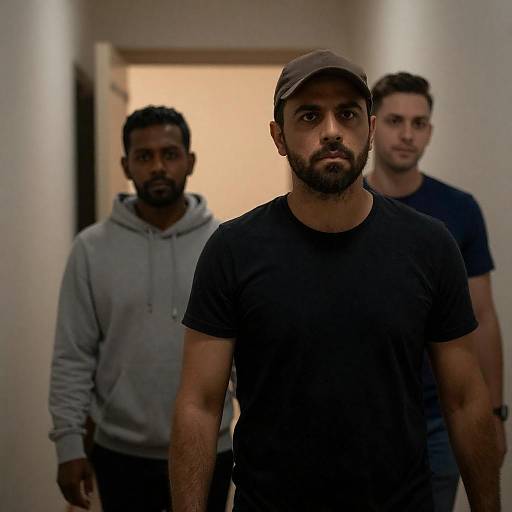 Three Men in Dimly Lit Hallway
