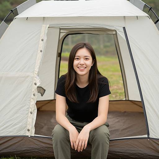 Young Asian woman with long black hair, smiling, sitting inside a white and black camping tent in a forest. Wearing black t-shirt and green pants