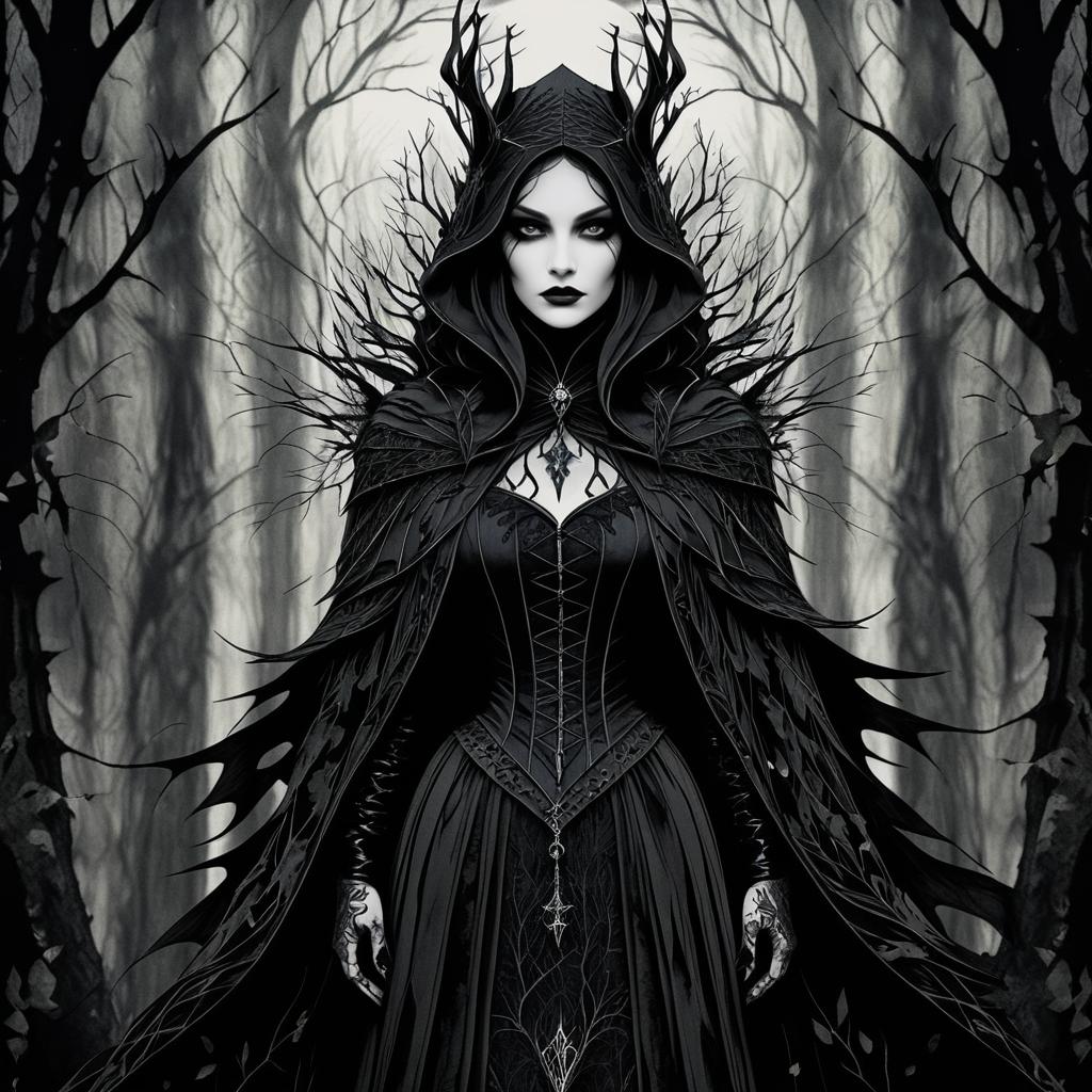 Gothic Witch in Dark Forest Ink Drawing