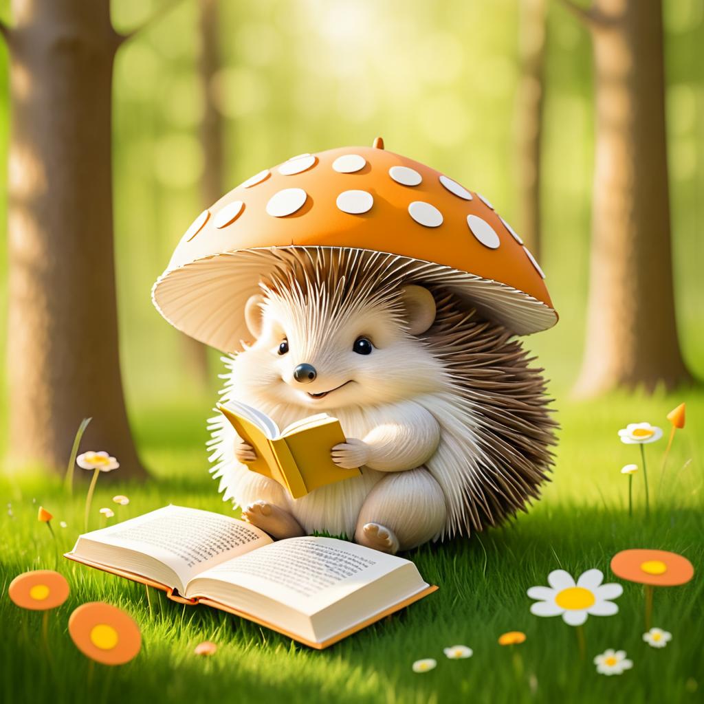 Charming Hedgehog Reading Under Mushroom