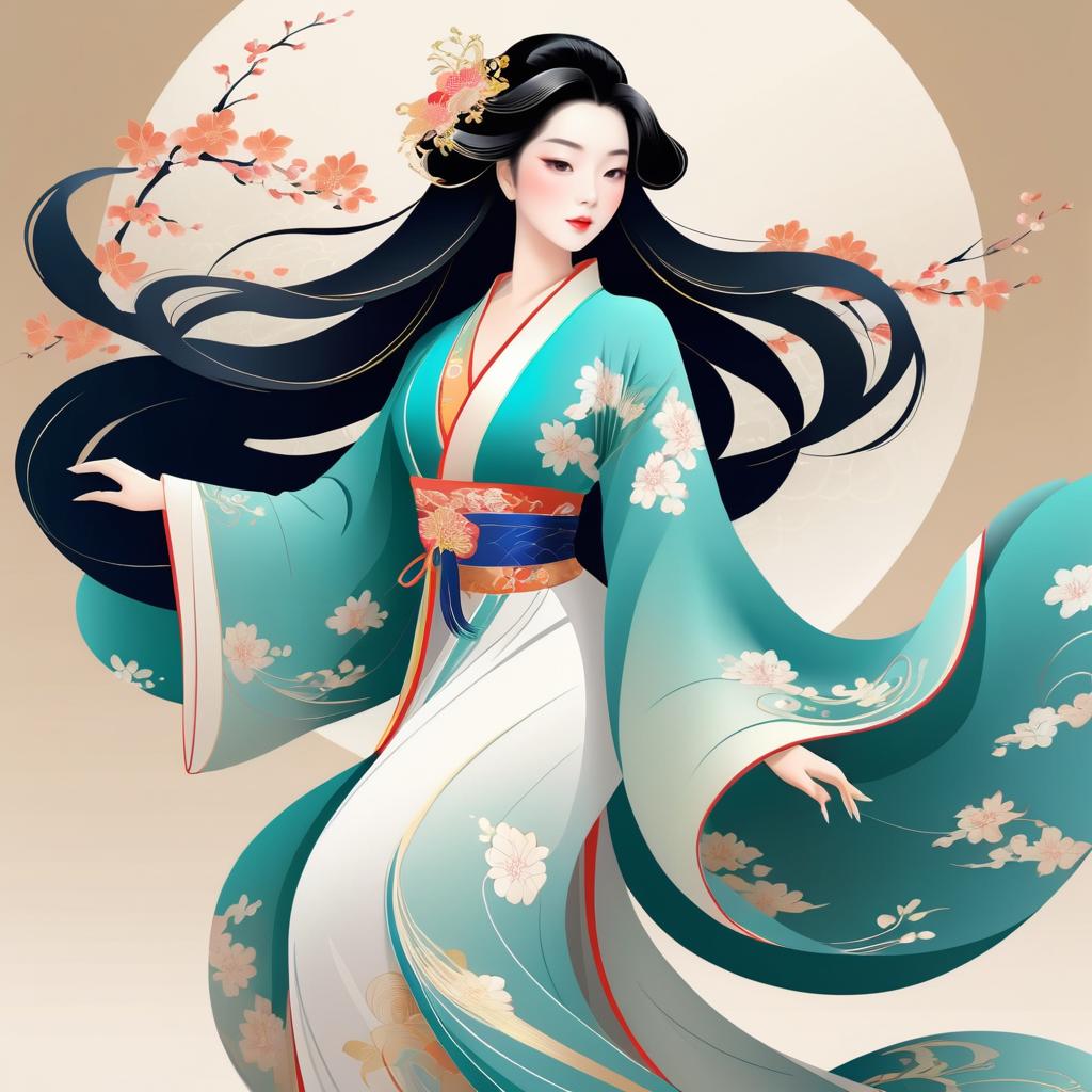 Elegant Cartoon Asian Woman in Kimono