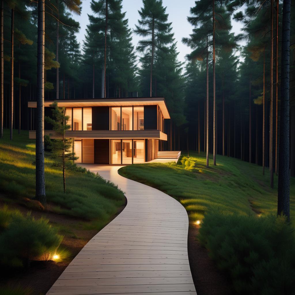 Modern House in Pine Forest at Dusk