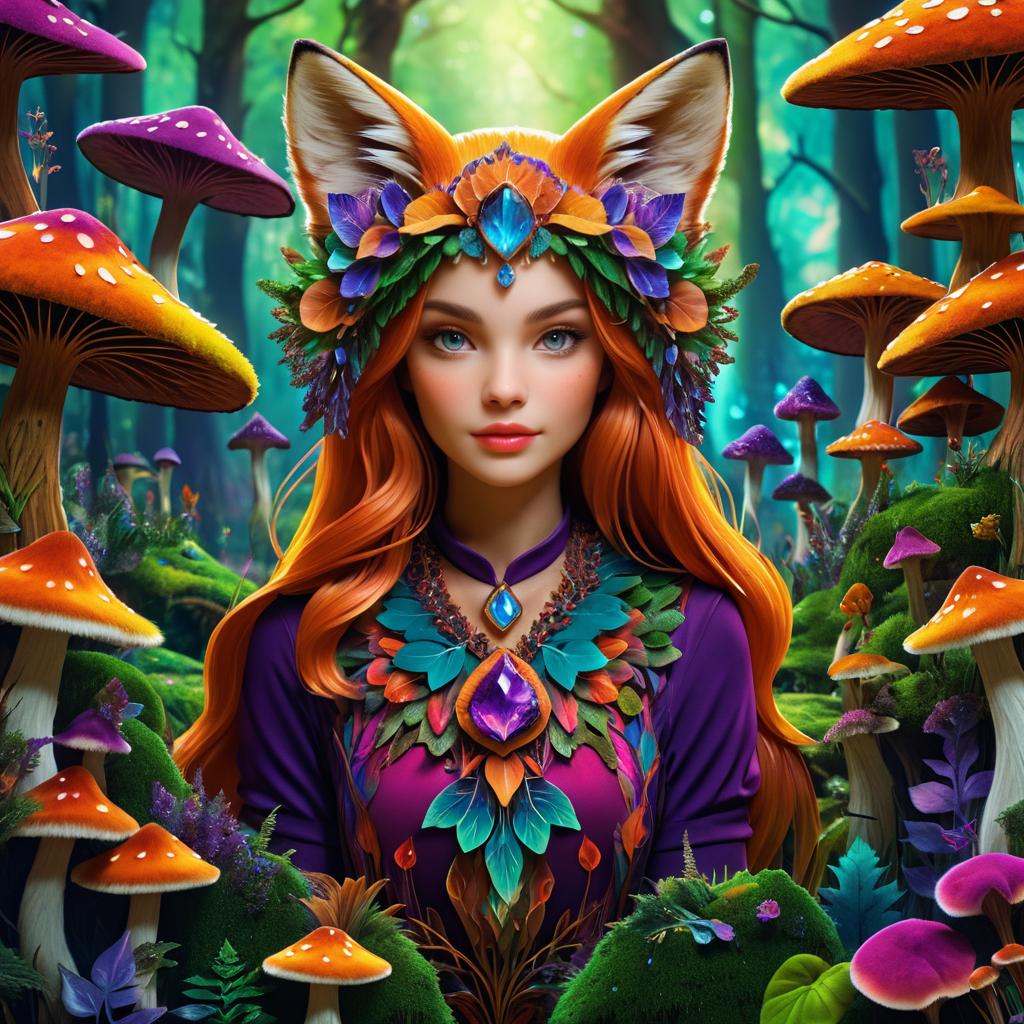 Whimsical Fox Girl in Vibrant Fungi