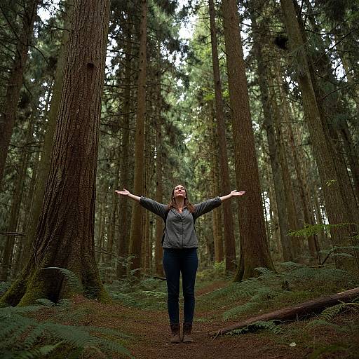 Photograph of a woman with arms outstretched, standing in a dense, towering redwood forest, wearing a gray shirt and blue jeans, surrounded
