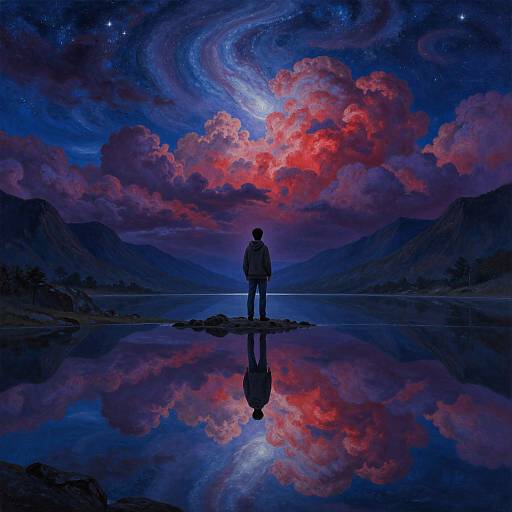 Silhouetted figure stands on reflective lake, facing vibrant, swirling galaxy sky with red clouds and starry backdrop. Digital art.