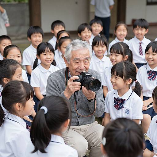 Photograph of an elderly Asian man with gray hair, wearing a gray cardigan, taking pictures of a group of smiling Japanese schoolchildren in white uniforms