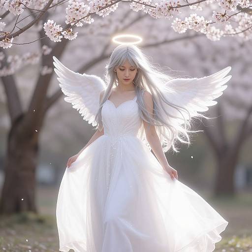 Angelic woman with long silver hair, white dress, and glowing wings stands under cherry blossoms, halo above head; ethereal, luminous photograph
