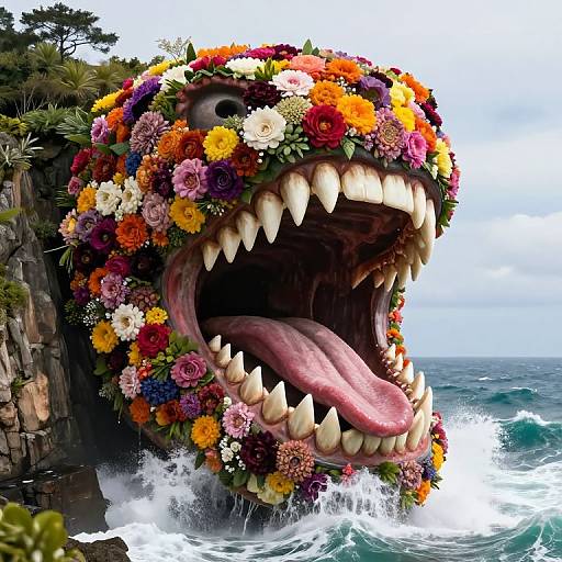Photorealistic digital artwork of a massive flower-covered shark head with sharp teeth and pink tongue, emerging from ocean waves near a rocky cliff. Bright,