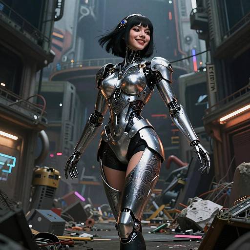 Silver-Armored Cyborg in Cyberpunk City