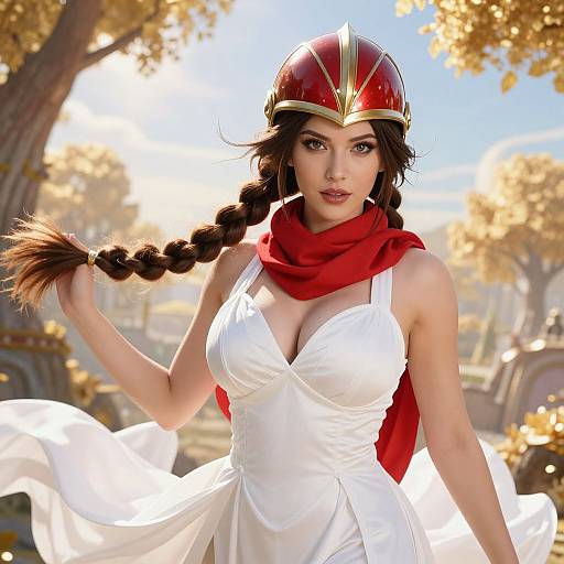 Digital artwork of a beautiful woman with dark hair in a braid, wearing a red helmet, white dress, and red scarf, in a sunlit