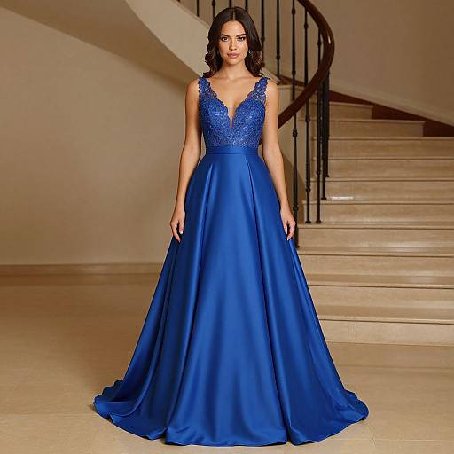 Photograph of a woman with dark hair in a deep blue, lace-trimmed, sleeveless gown standing on a marble staircase.
