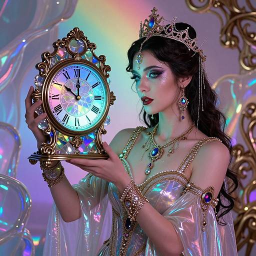 Digital art of a fair-skinned, dark-haired woman in a glittery, off-shoulder gown, wearing a jeweled crown, examining a
