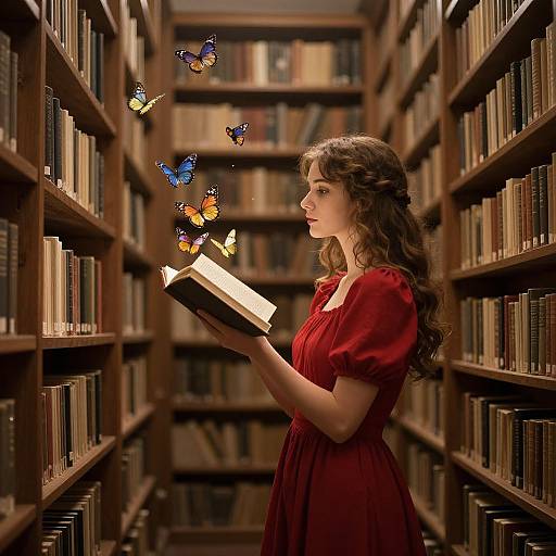 Photograph of a curly-haired woman in a red dress, standing in a library aisle, holding a book with colorful butterflies surrounding her.