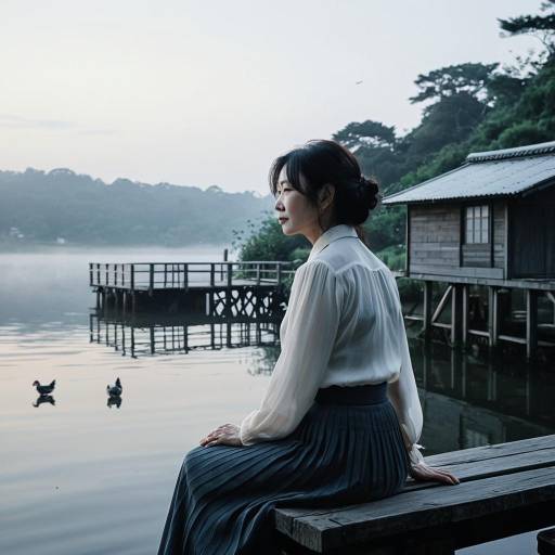 Woman Sitting at Misty Lakeside Pier at Dawn
