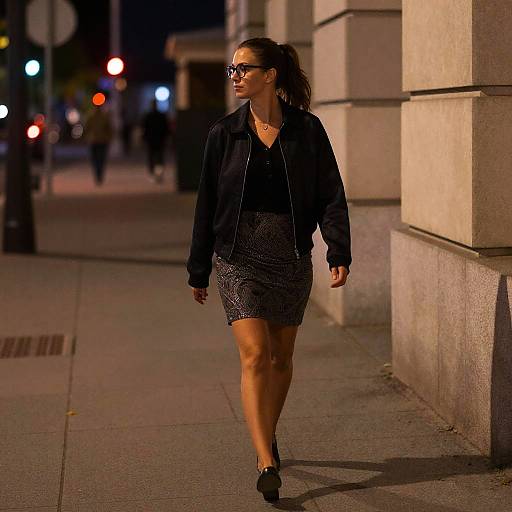Photograph of a confident woman with dark hair in a ponytail, wearing sunglasses, black jacket, and patterned skirt, walking at night on a