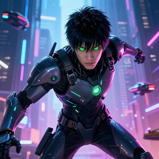 Cybernetic anime warrior with glowing green eyes and black armor, crouching in a neon-lit futuristic cityscape, ready for combat.