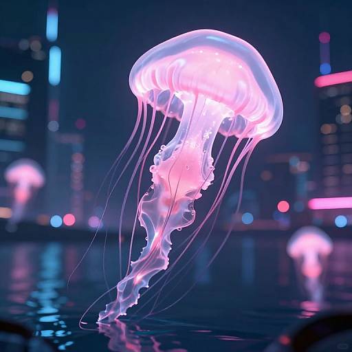 Glowing pink and white jellyfish illuminated against a neon cityscape, with blurred skyscrapers and colorful lights in the background. Digital artwork.