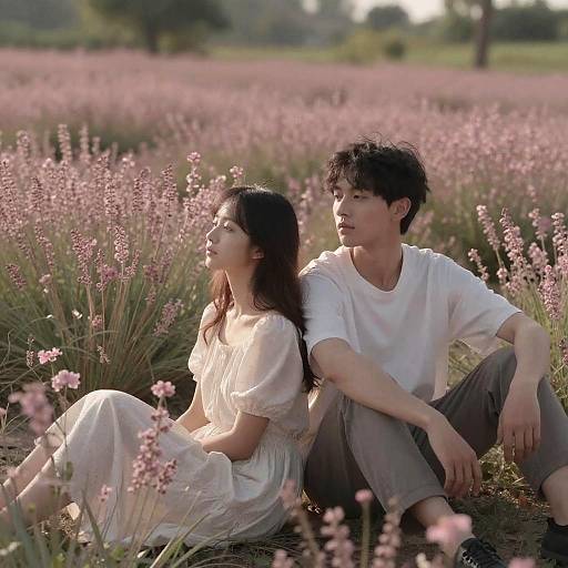 Photograph of an Asian couple sitting in a pink wildflower field, sunlight casting a warm glow, both gazing into the distance.