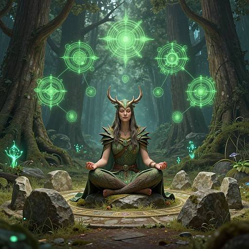 Owlin Druid Meditating in Stone Circle