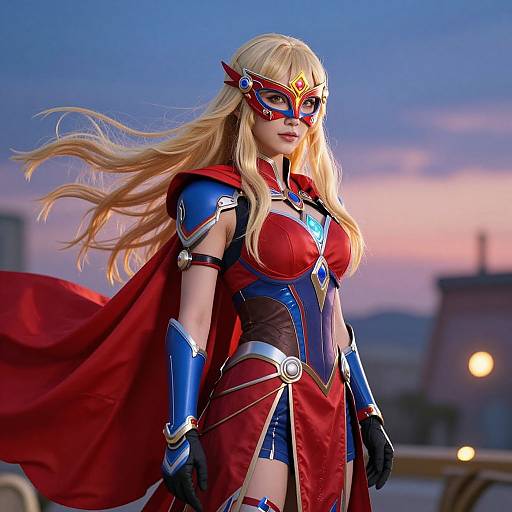 Photorealistic CGI of a blonde woman in red and blue superhero costume with red cape, mask, and long hair, standing on rooftop at sunset.