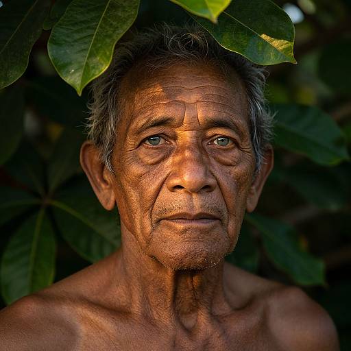 Photograph of an elderly, shirtless man with weathered skin, gray hair, and blue eyes, partially shaded by green leaves. Sunlight highlights
