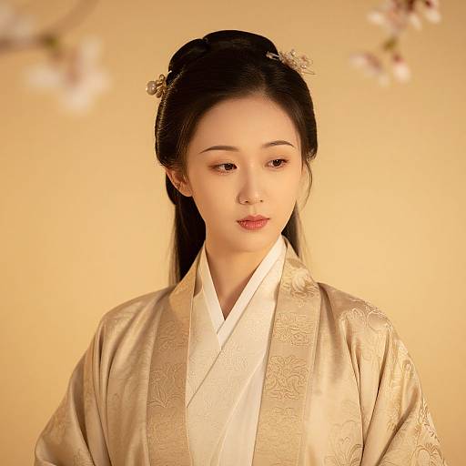 Photograph of an elegant Asian woman with fair skin, black hair in an updo, wearing a gold patterned kimono, against a warm yellow