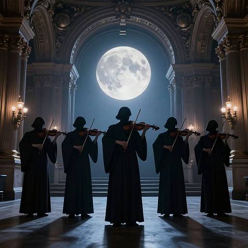 Photograph of five silhouetted musicians in dark robes playing violins in a grand, dimly-lit church with a large, bright full