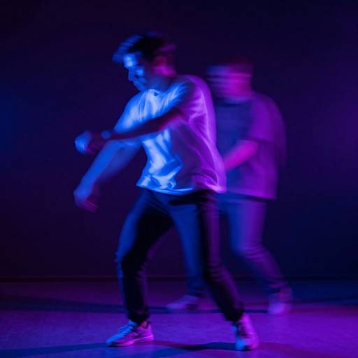 Photograph of two blurred, neon-lit men dancing in purple and blue lights, wearing casual shirts and jeans, against a dark background.