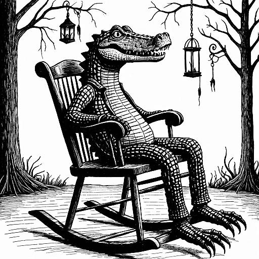 Eerie Crocodile on Rocking Chair Drawing