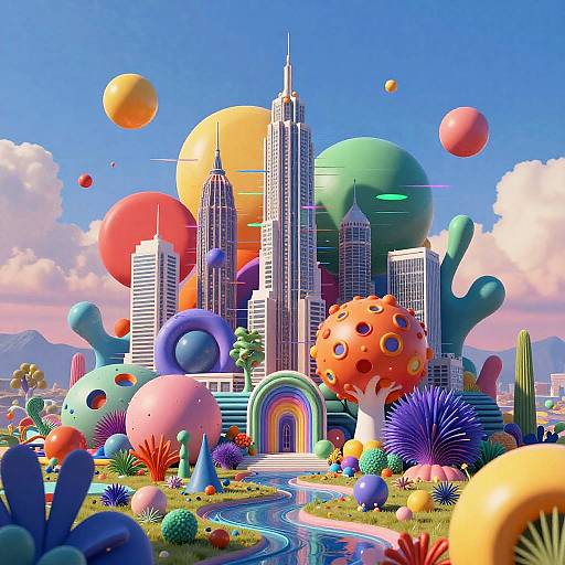 Vibrant, surreal CGI cityscape with colorful, floating geometric balloons and abstract shapes around skyscrapers, rainbow archway, and winding river under