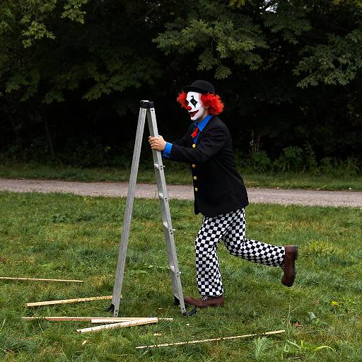 Dynamic Clown Running on Green Lawn