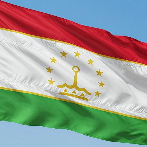 Photograph of the flag of Guinea-Bissau waving against a bright blue sky. The flag has horizontal red, white, and green stripes with a