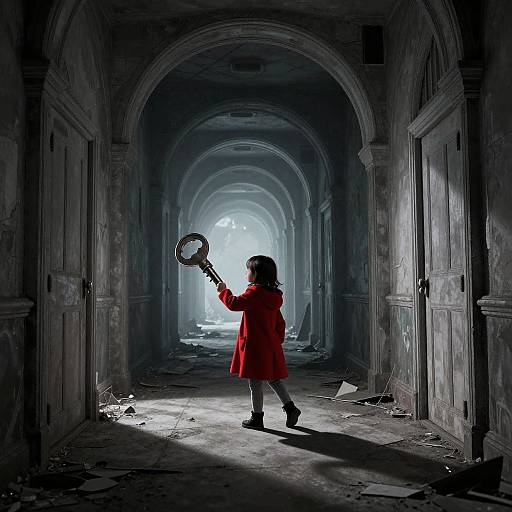 Photograph of a young girl in a red coat holding a vintage racket, standing in a dark, abandoned, arched hallway with sunlight streaming in from