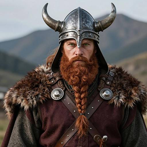 Viking Warrior with Horned Helmet and Braided Beard