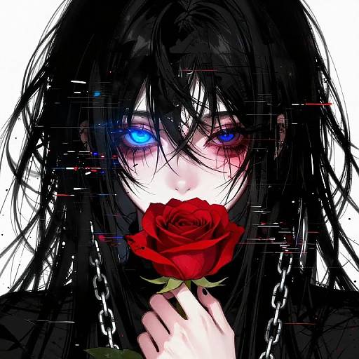 Digital anime-style drawing of a black-haired character with glowing blue and red eyes, holding a red rose to their lips. Background is white with black and