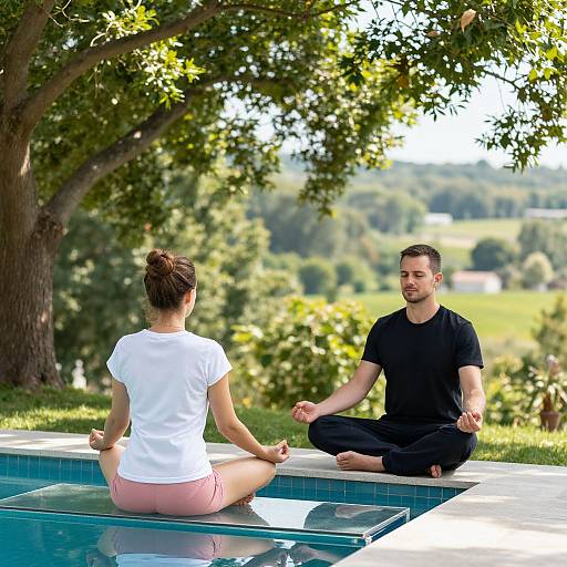 Serene Couple Meditating by Glass Pool