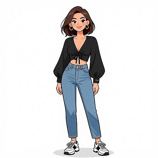 Digital illustration of a smiling woman with brown hair, wearing a black crop top, blue high-waist jeans, and white sneakers. She has hoop