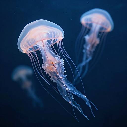 Photograph of two glowing, translucent jellyfish with long, flowing tentacles against a dark blue underwater background. The jellyfish have white and blue hues