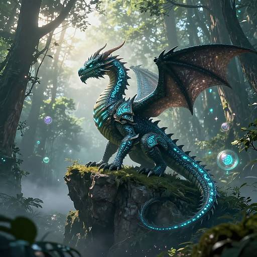 Digital fantasy artwork of a glowing blue dragon with bioluminescent scales and wings, standing on a mossy cliff in a misty forest, surrounded