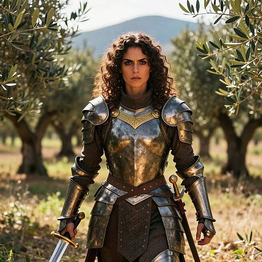 Photograph of a curly-haired woman in medieval armor standing in an olive grove, holding a sword with a serious expression. Sunlight filters through trees