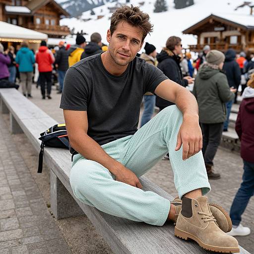 Photograph of a casual, smiling man with short brown hair, wearing a black t-shirt, light blue pants, and beige boots, sitting on a