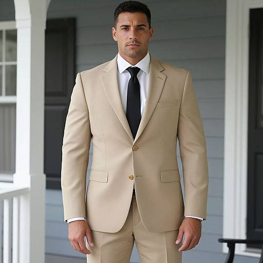 Photograph of a handsome, muscular man with short black hair, wearing a beige suit, white shirt, and black tie, standing on a blue-gray