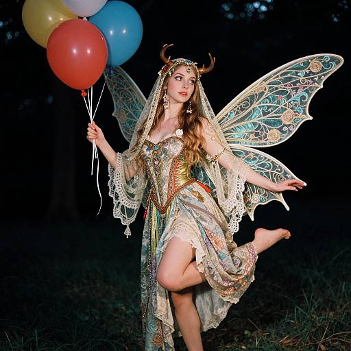 Fantasy photograph of a fair-skinned woman in a detailed, iridescent dress with butterfly wings, horns, and a veil, holding colorful balloons