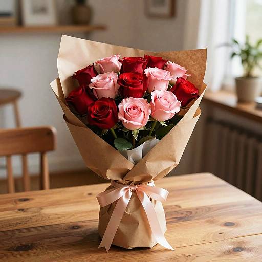 Photograph of a bouquet of red and pink roses, wrapped in brown paper with a pink ribbon, on a wooden table.