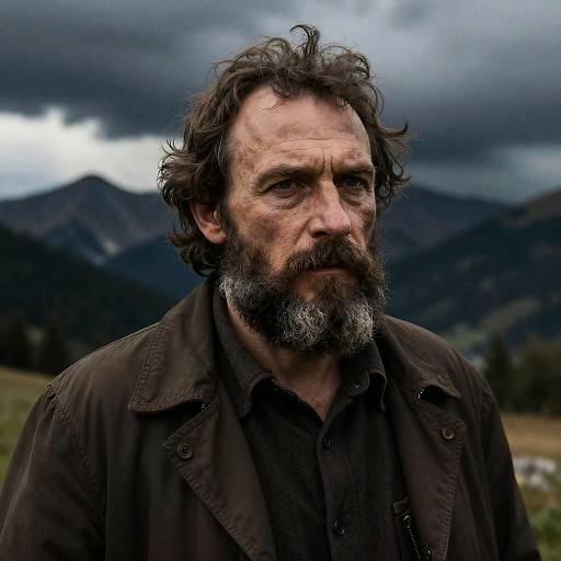 Weathered Man Amid Stormy Mountains
