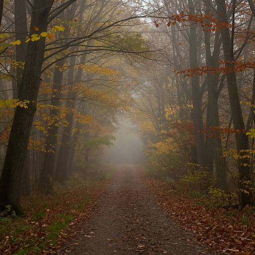 Photograph of a foggy, leaf-covered forest path with tall, bare trees, yellow and orange leaves, and a misty, mysterious atmosphere.