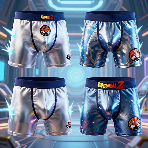 Photorealistic CGI image of four pairs of Marvel-branded, reflective silver boxer briefs with black waistbands and Spider-Man logos, floating in a