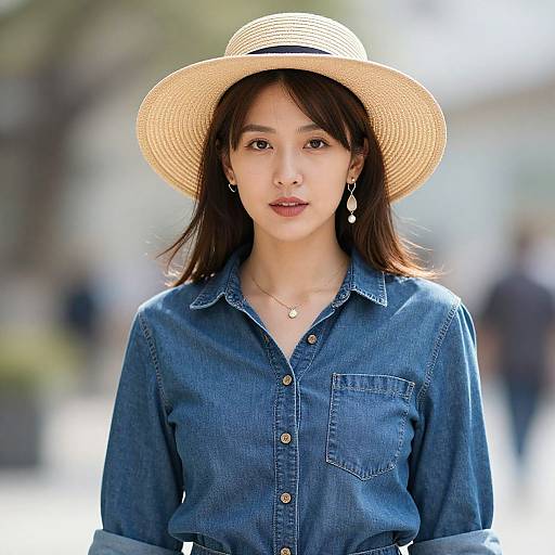 Photograph of an Asian woman with medium skin tone, straight black hair, wearing a straw hat, denim shirt, and dangling earrings, standing outdoors with