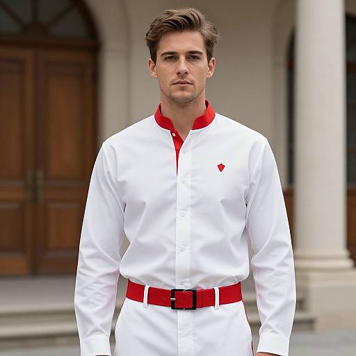 Man in White Shirt with Red Belt