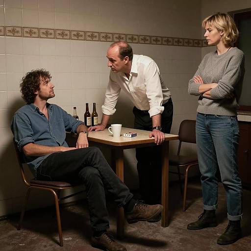 Three People in Tense Conversation in Dimly Lit Room